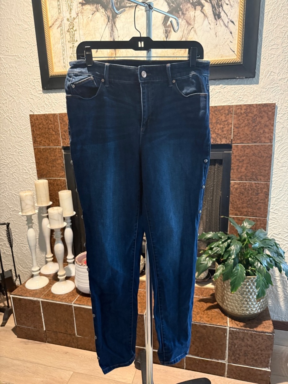 Chico's Dark Blue Skinny Jeans with Side Snap Detail
